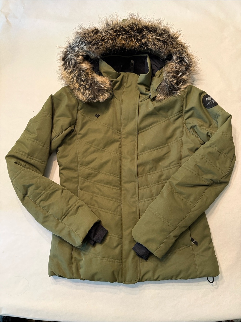 Obermeyer Olive Green Hooded Puffer with Faux Fur Trim